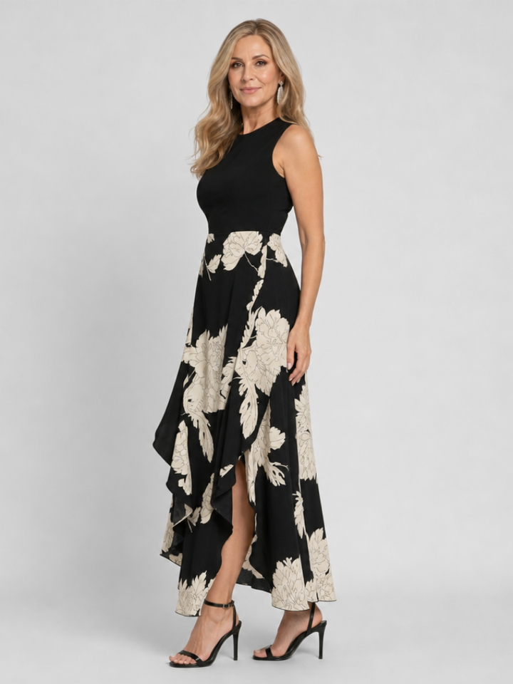 Klasen | Midi Dress Without Sleeves with Flower and Asymmetrical Jacket