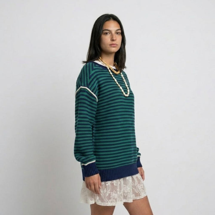 Casual Loose-Fit Cotton Sweater with Eye-Catching Stripes