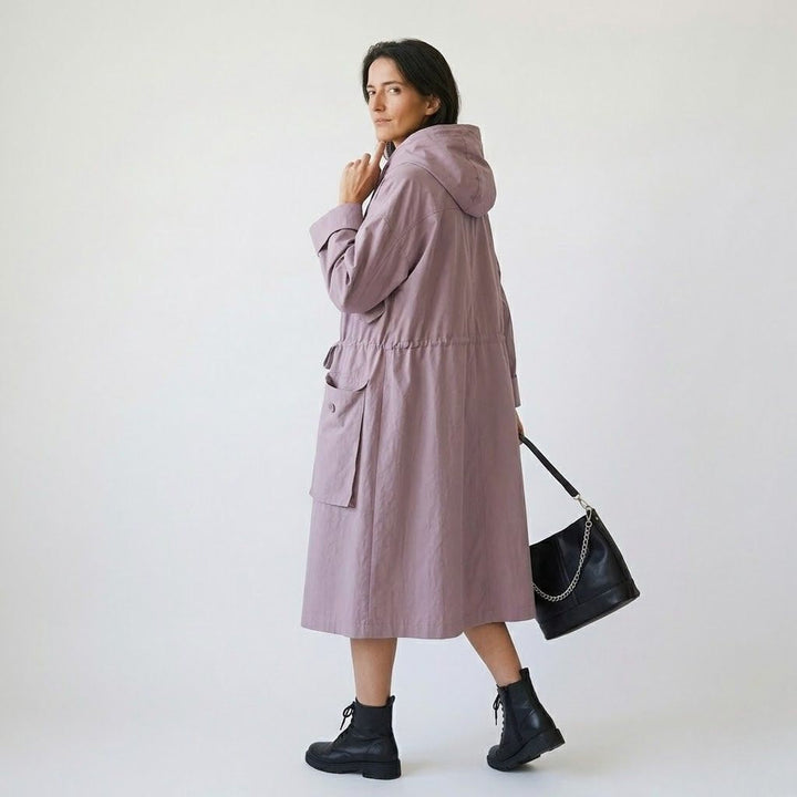 Adjustable Hood Long Parka in Cotton-Polyester Blend with Utility Pockets