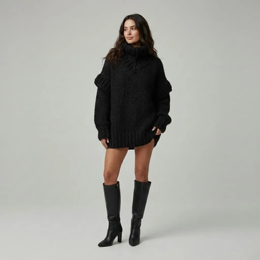 Oversized Roll Neck Knitted Jumper in Acrylic-Polyester Blend