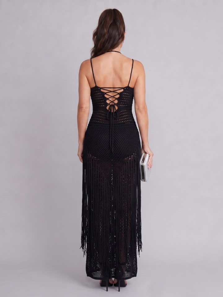 Zephyra | Long Dress with Halter Neckline and Fringes