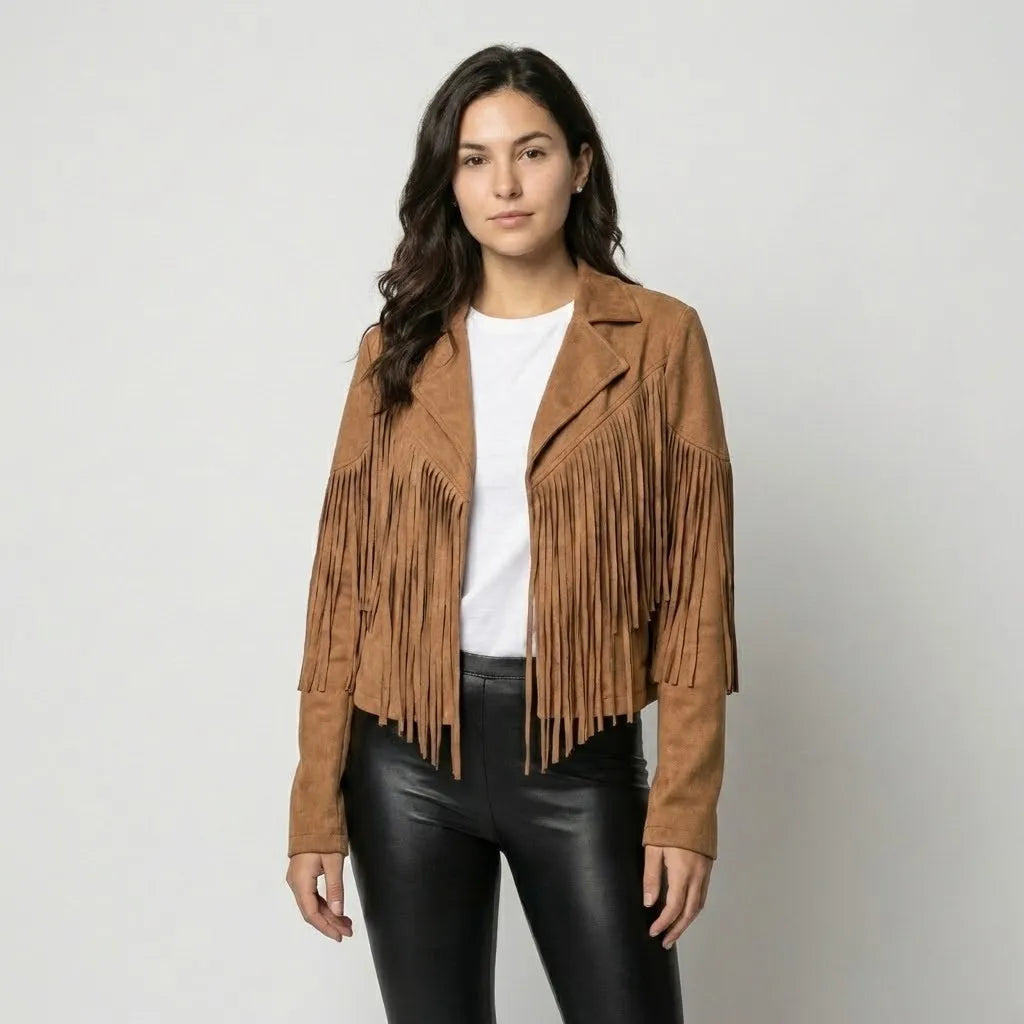 Boho-Inspired Short Jacket with Suede Finish and Fringe Details