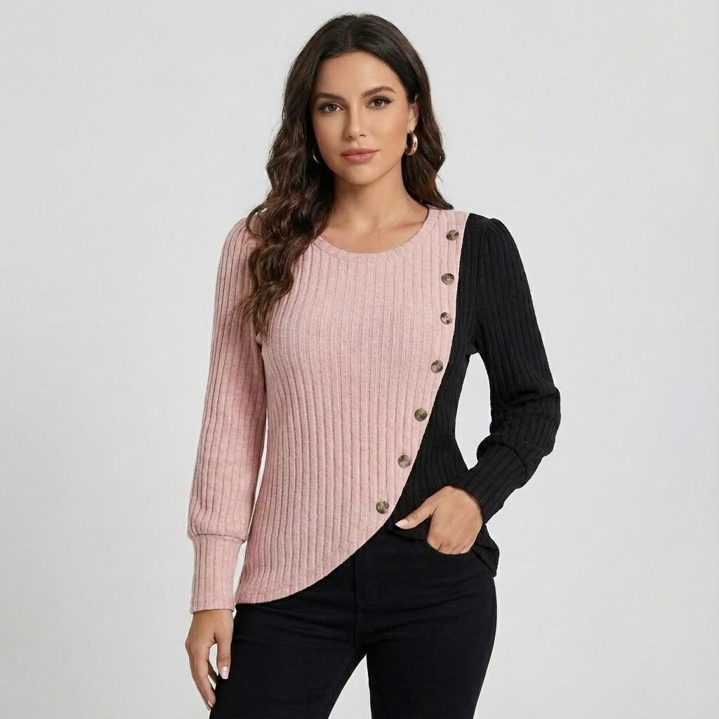 Flowing Asymmetrical Knit Sweater in Cotton Blend with Decorative Buttons