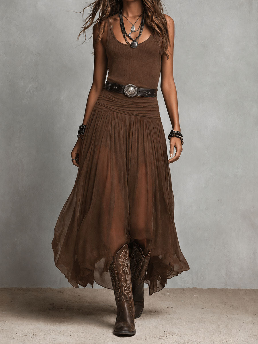 Black Bohemian Western Maxi Dress with Sheer Overlay