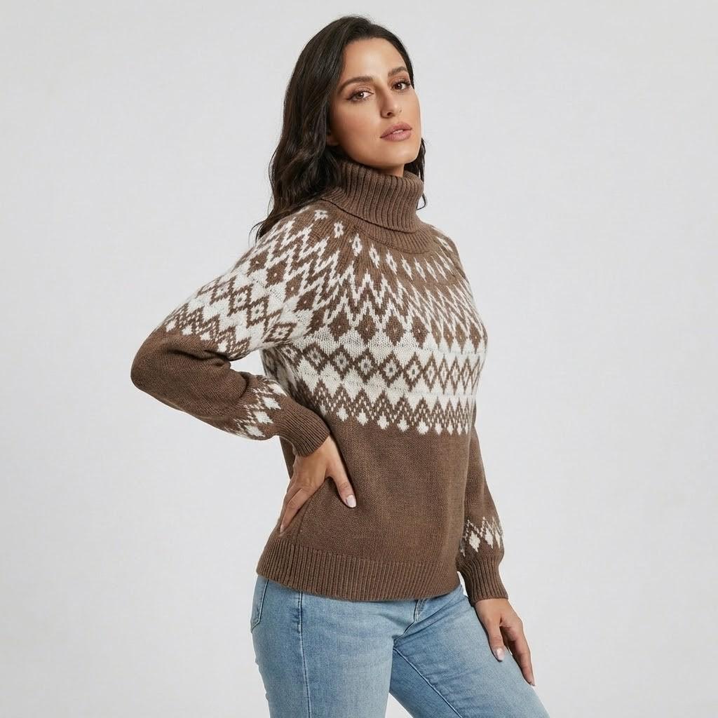 Loose-Fit Knitted Sweater with Roll Neck and Nordic Design