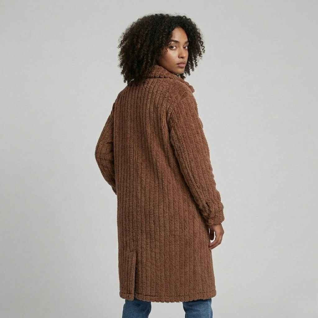 Textured Long Coat in a Soft Polyester-Cotton Blend with Front Pockets
