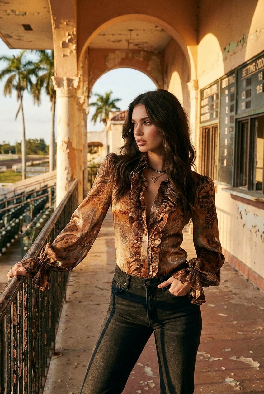 Vintage-Inspired Satin V-Neck Top with Ruffled Paisley Design