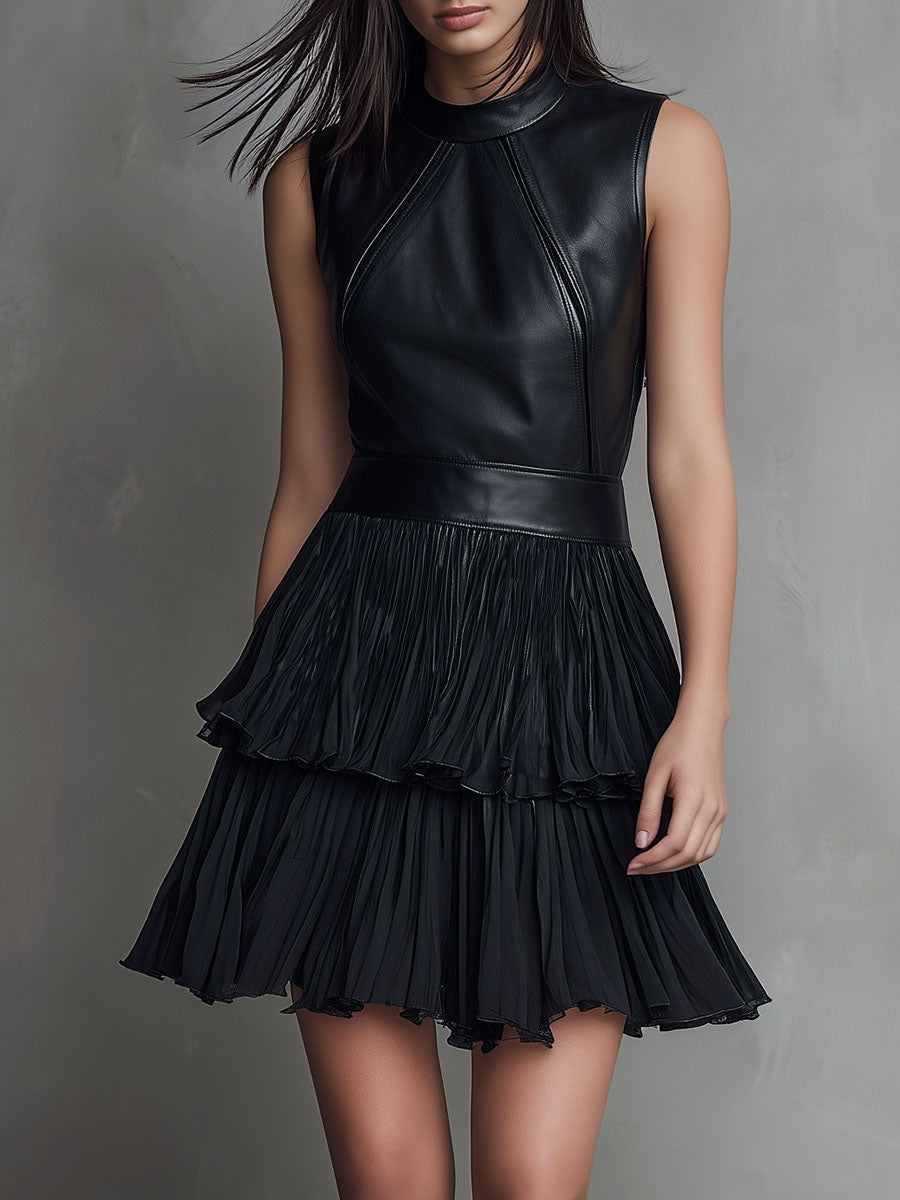 Chic Mini Dress in Luxe Black Eco-Leather with Pleated Satin Accents