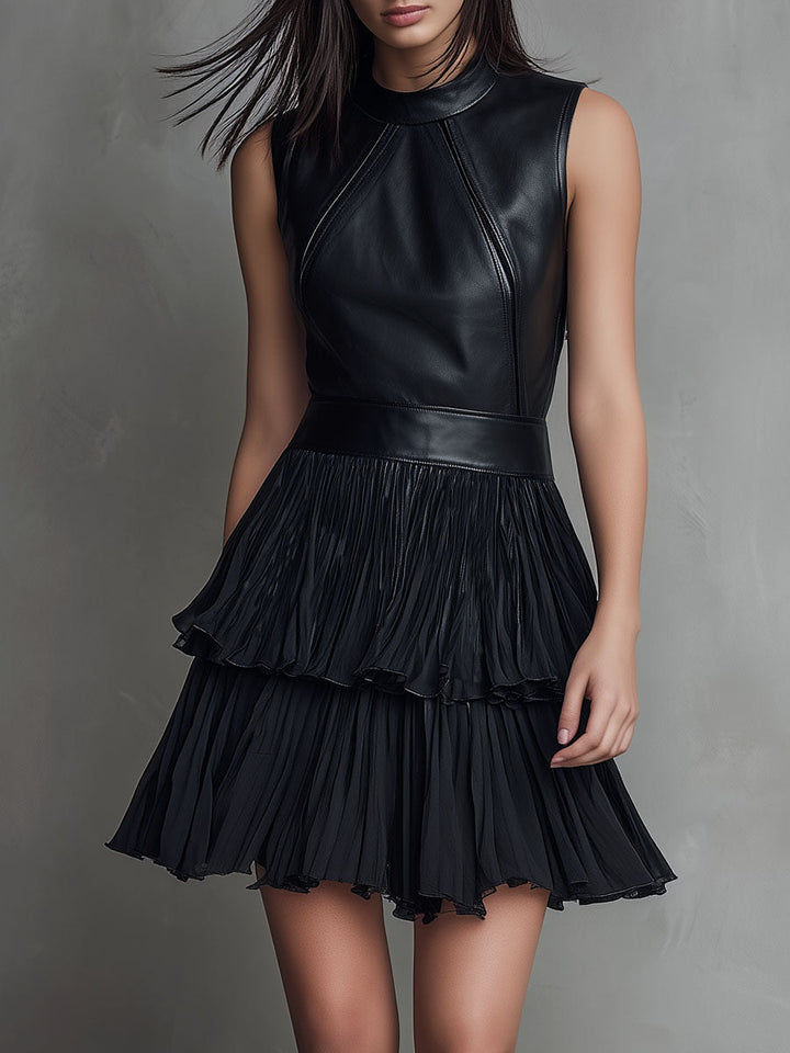 Chic Mini Dress in Luxe Black Eco-Leather with Pleated Satin Accents