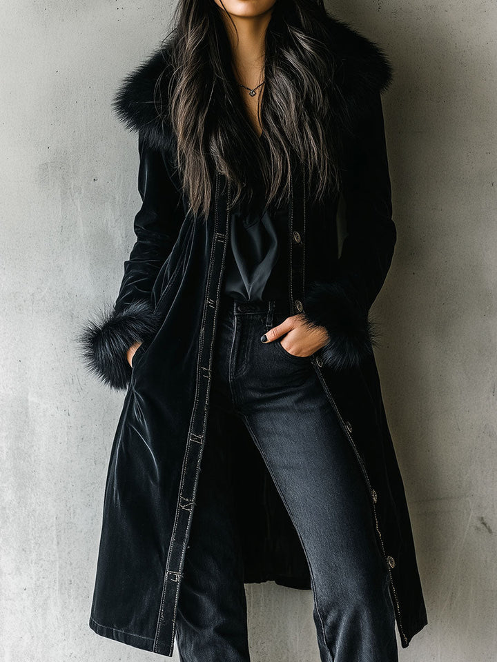 Chic Long Black Velvet Coat with Eco-Friendly Fur Trim on Collar and Sleeves