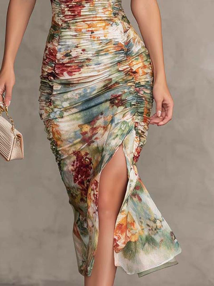Vintage-Inspired Floral Midi Dress with Square Neckline