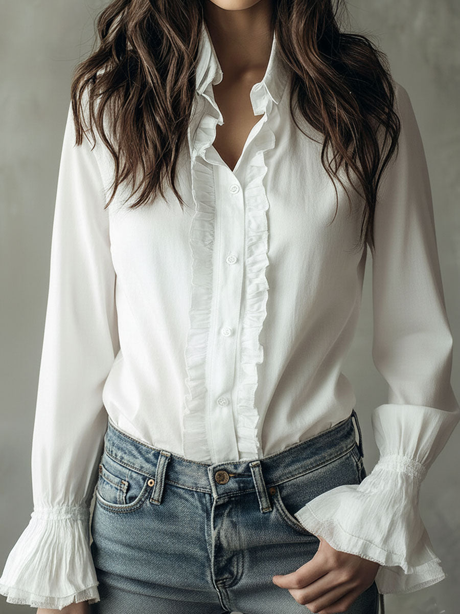Adjustable Silhouette Long-Sleeve Shirt with Puff Sleeves