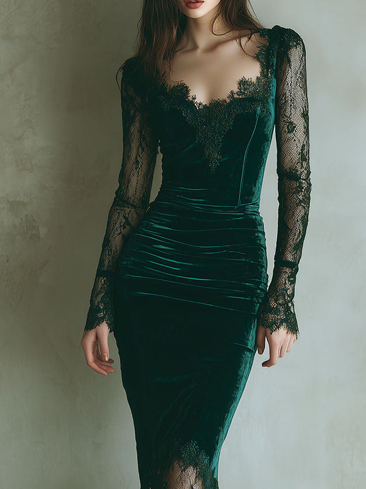 Chic Green Velvet Midi Dress with Lace Accents and Long Sleeves