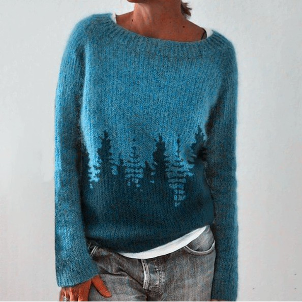 Forest Patterned Blue Knit Sweater
