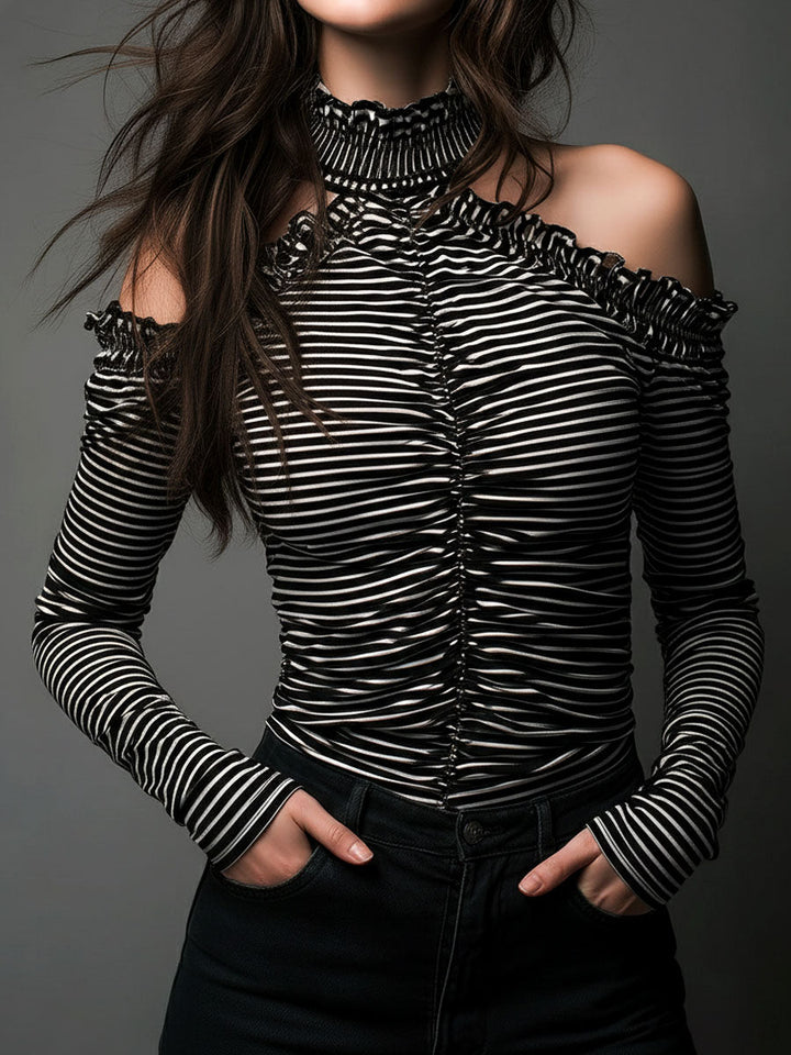 Classic Striped High Neck Top with Open Shoulder Design