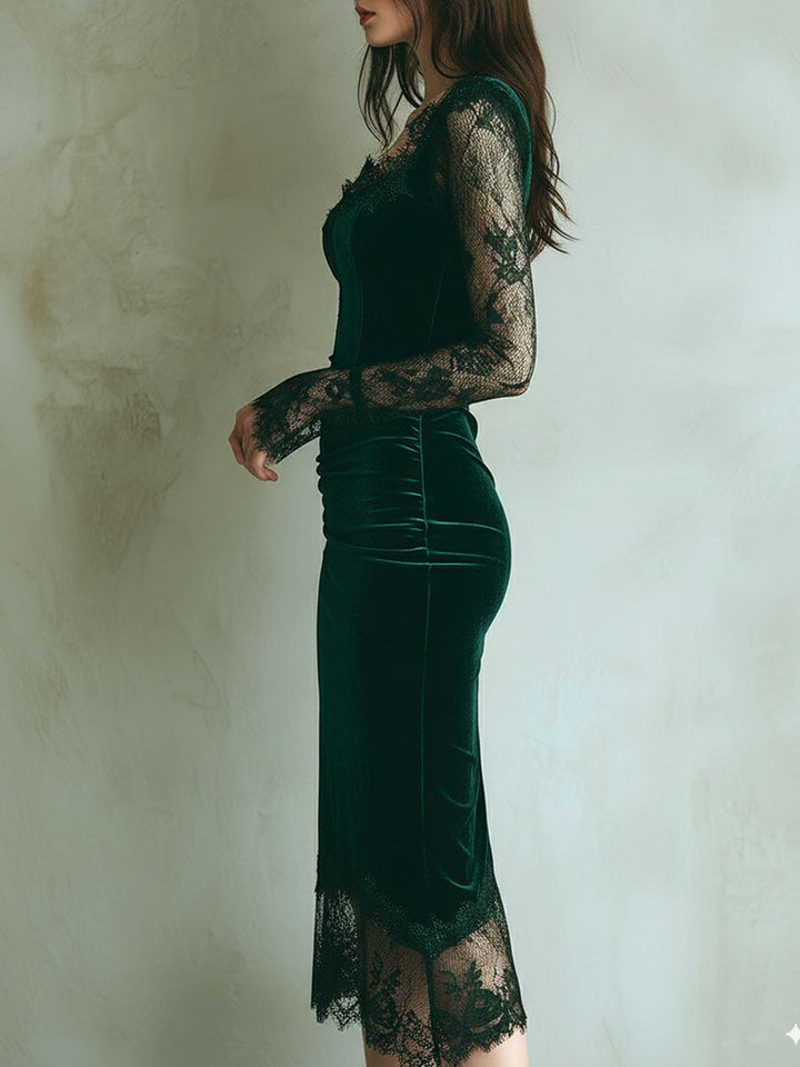 Chic Green Velvet Midi Dress with Lace Accents and Long Sleeves
