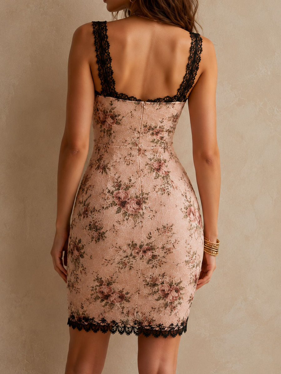 Vintage-Inspired Floral Blouse with Black Lace - Mini Dress