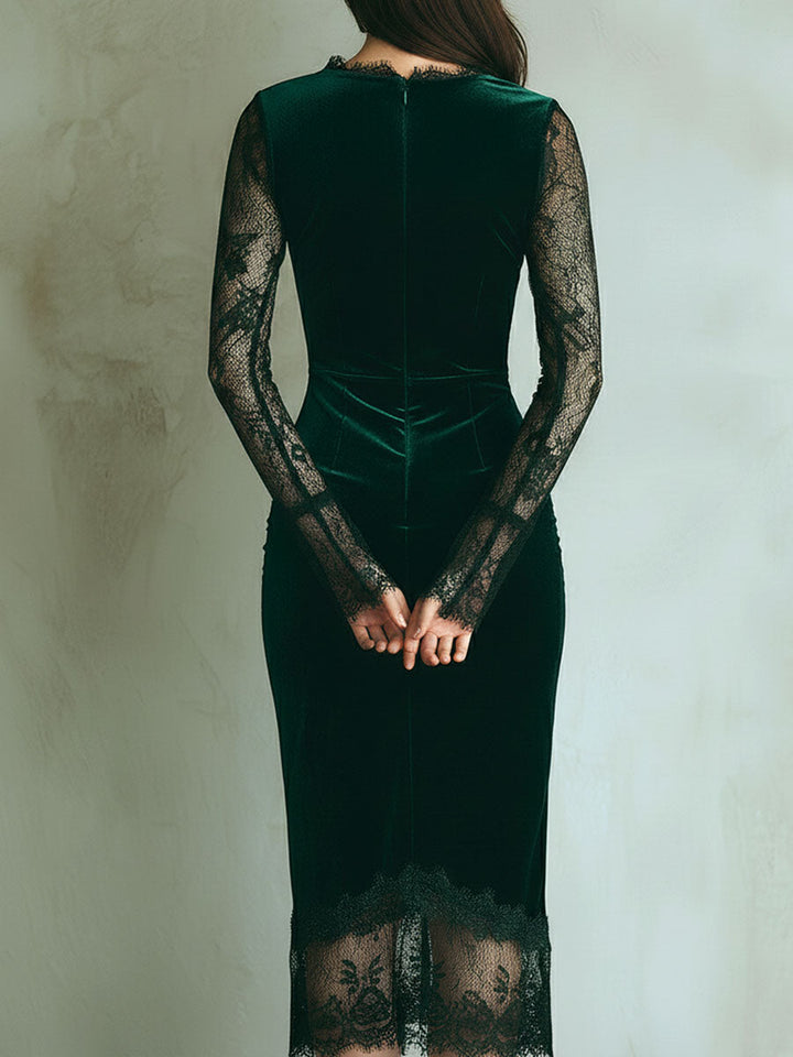 Chic Green Velvet Midi Dress with Lace Accents and Long Sleeves
