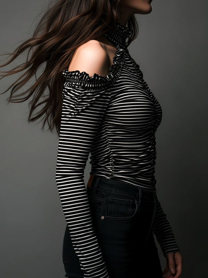 Classic Striped High Neck Top with Open Shoulder Design