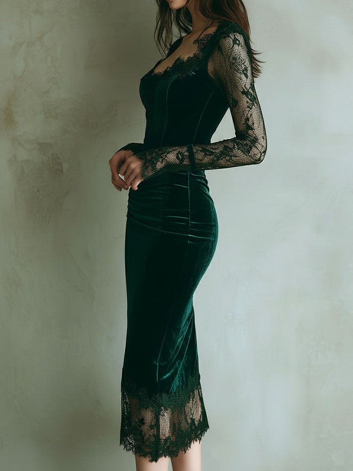 Chic Green Velvet Midi Dress with Lace Accents and Long Sleeves