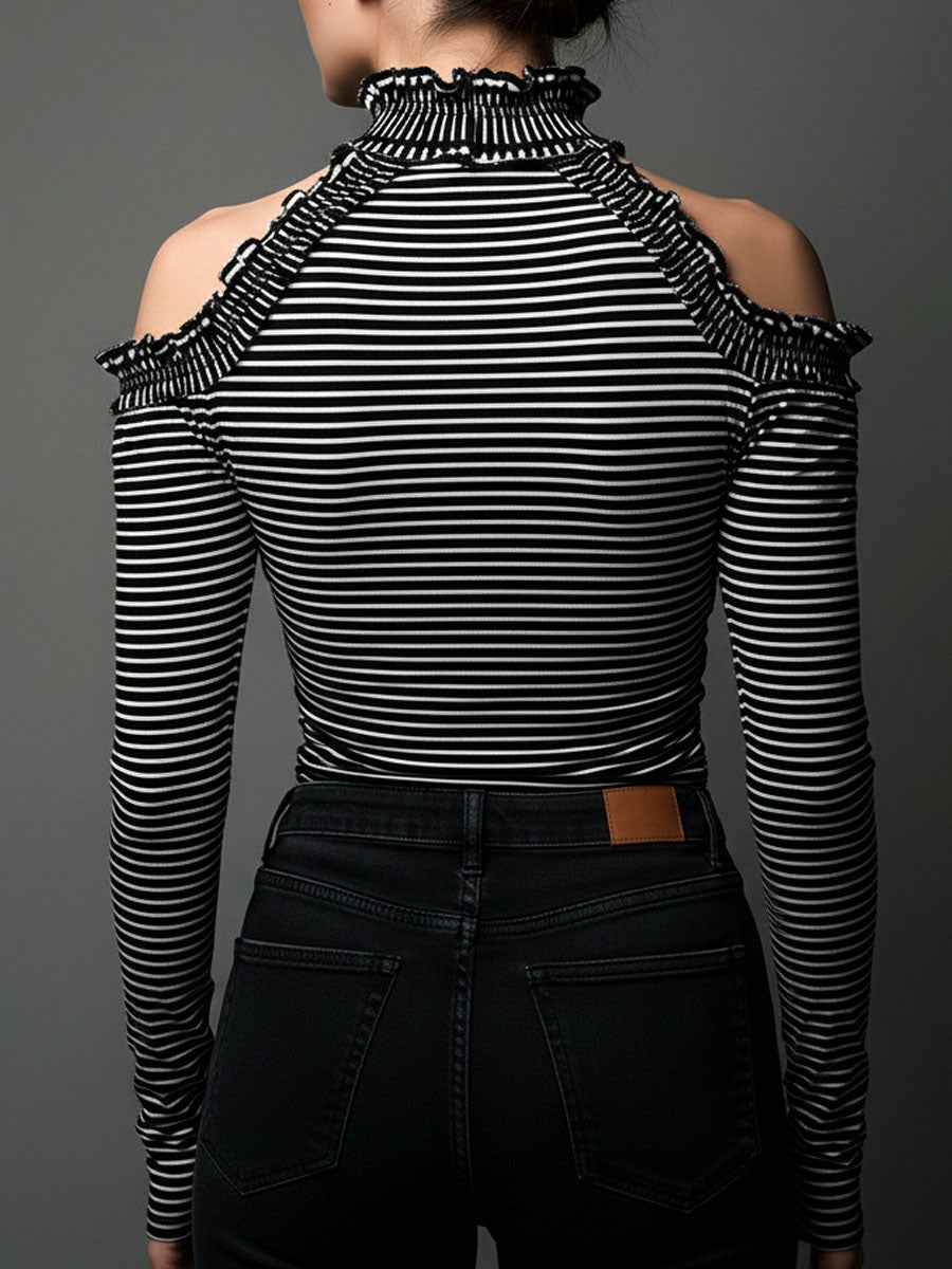 Classic Striped High Neck Top with Open Shoulder Design