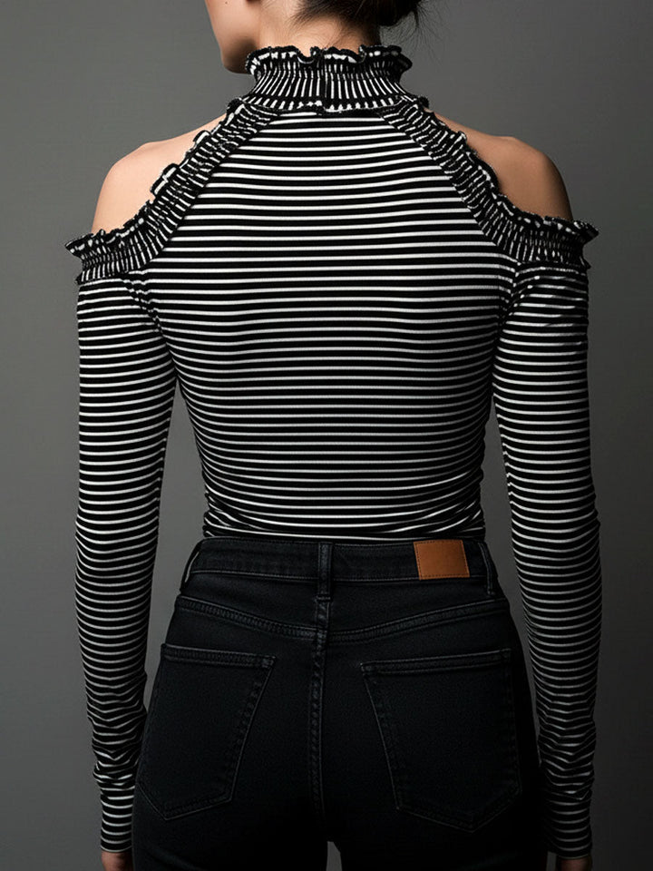 Classic Striped High Neck Top with Open Shoulder Design