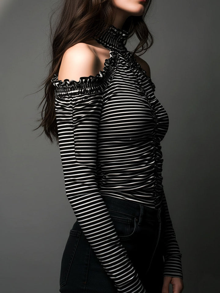 Classic Striped High Neck Top with Open Shoulder Design