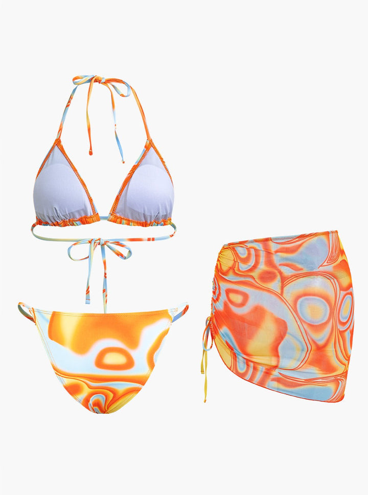 Halter Neck Swimsuit Set with Abstract Design - 3 Pieces