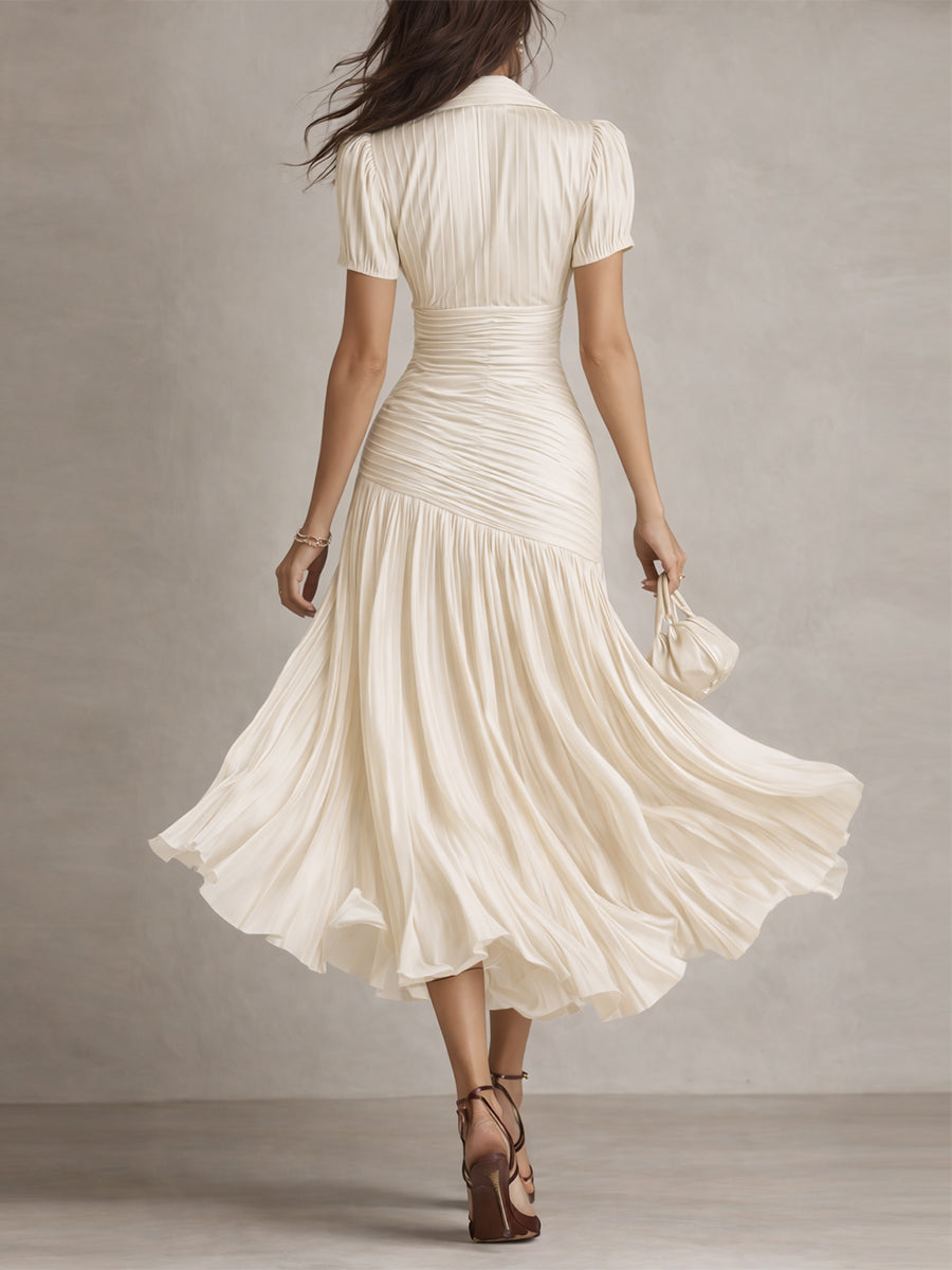 Vintage-Inspired Striped Satin Pleated Midi Bodycon Dress