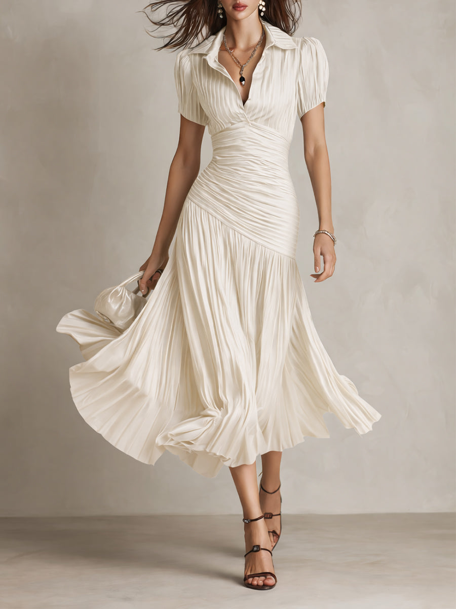 Vintage-Inspired Striped Satin Pleated Midi Bodycon Dress