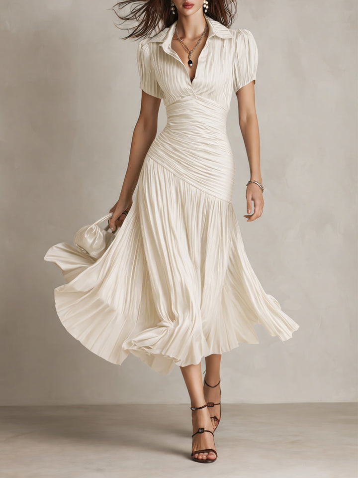 Vintage-Inspired Striped Satin Pleated Midi Bodycon Dress