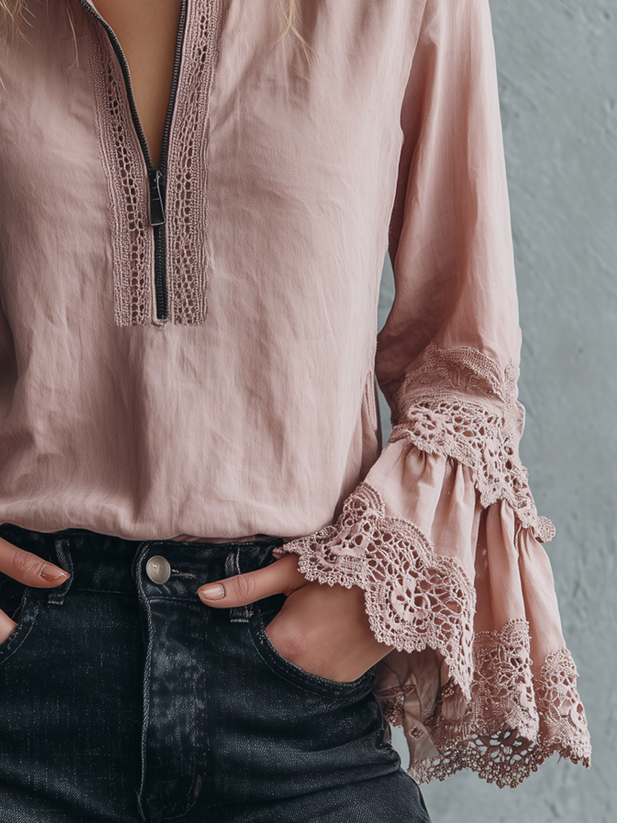 Retro Zip Collar Blouse with Lace Cuffs - Long Sleeve Style