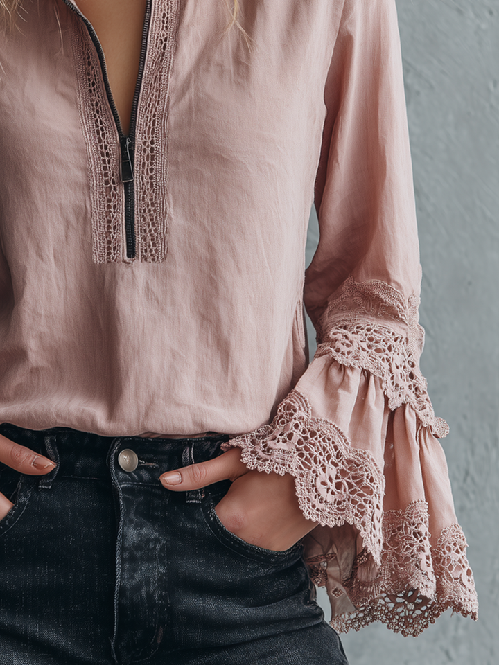 Retro Zip Collar Blouse with Lace Cuffs - Long Sleeve Style