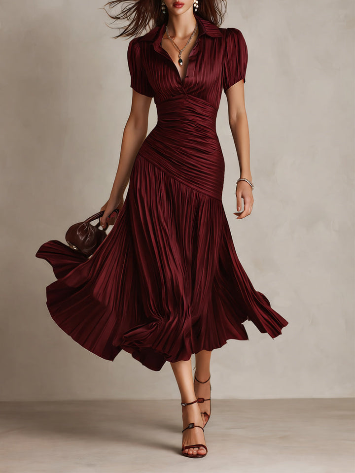 Vintage-Inspired Striped Satin Pleated Midi Bodycon Dress