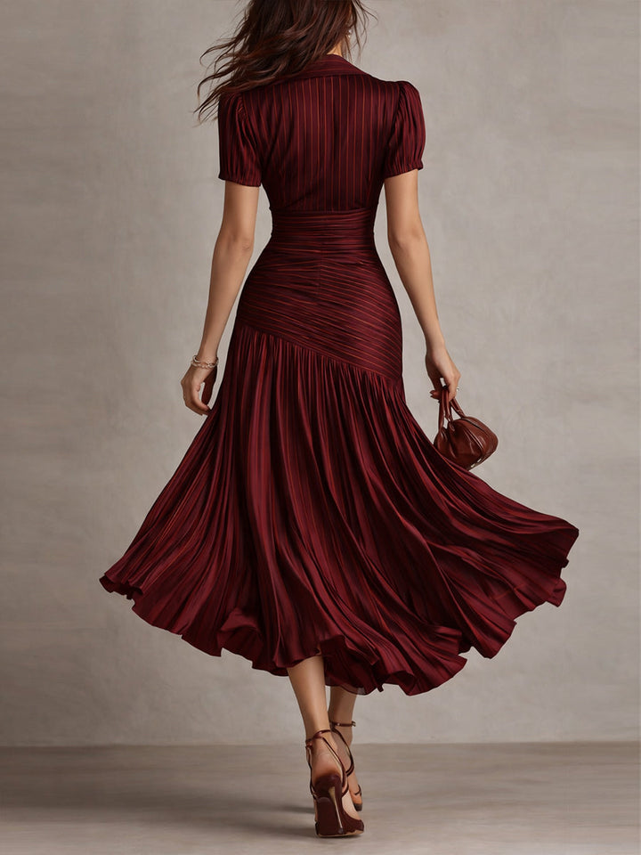 Vintage-Inspired Striped Satin Pleated Midi Bodycon Dress