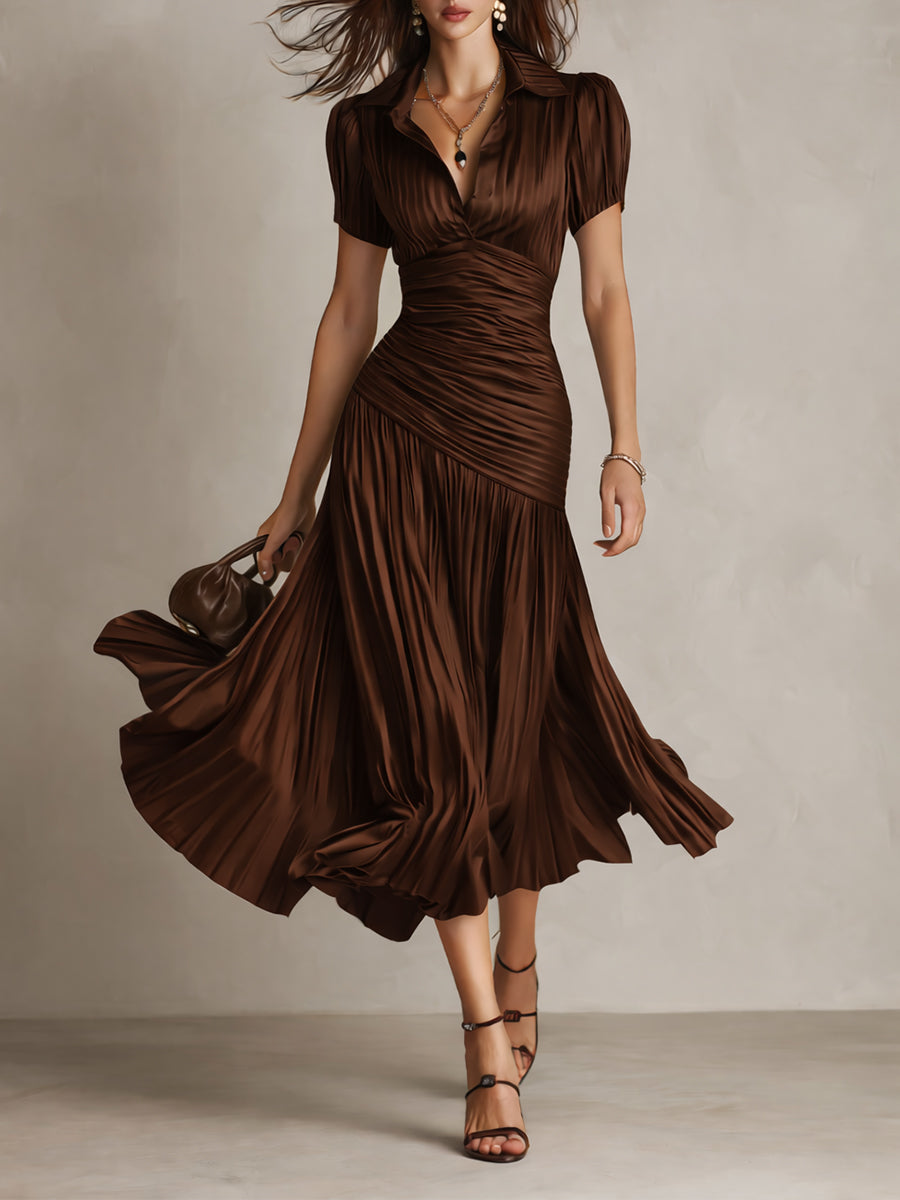 Vintage-Inspired Striped Satin Pleated Midi Bodycon Dress
