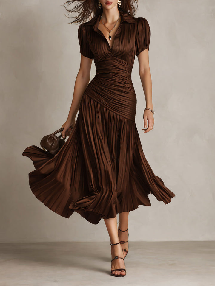 Vintage-Inspired Striped Satin Pleated Midi Bodycon Dress