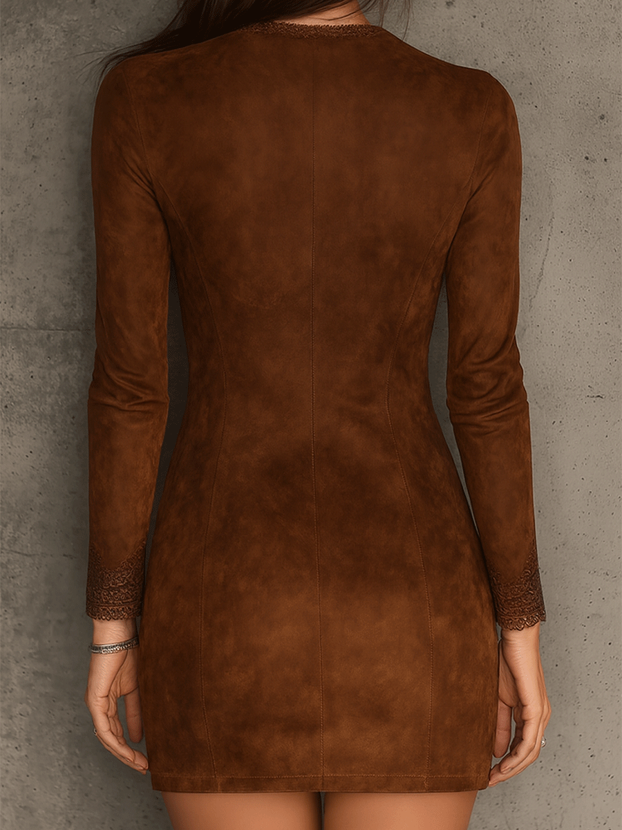 Retro Caramel Brown Suede Dress Featuring Lace and Zip Details