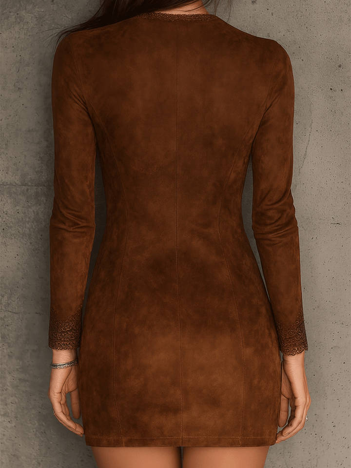 Retro Caramel Brown Suede Dress Featuring Lace and Zip Details