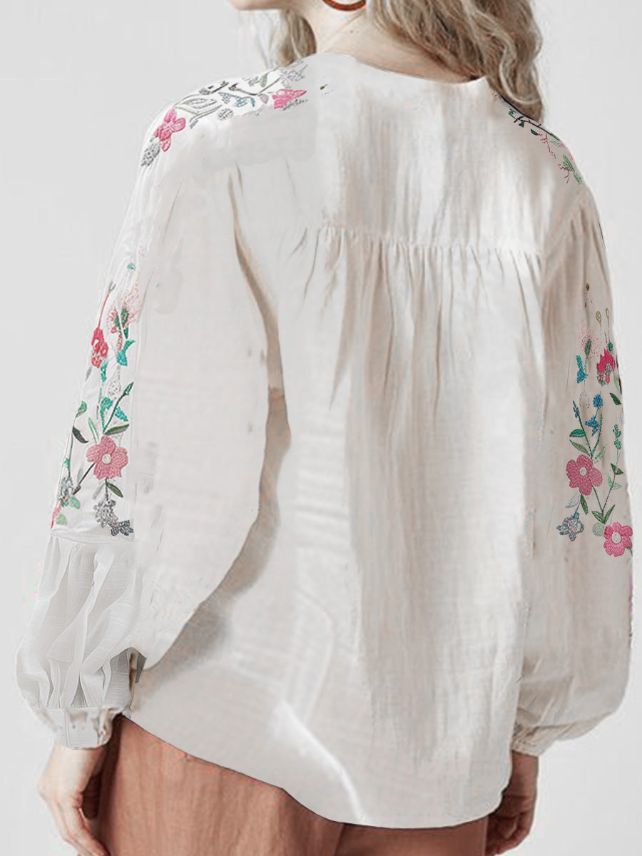 Floral Embroidered Short-Sleeve Cotton-Linen Shirt