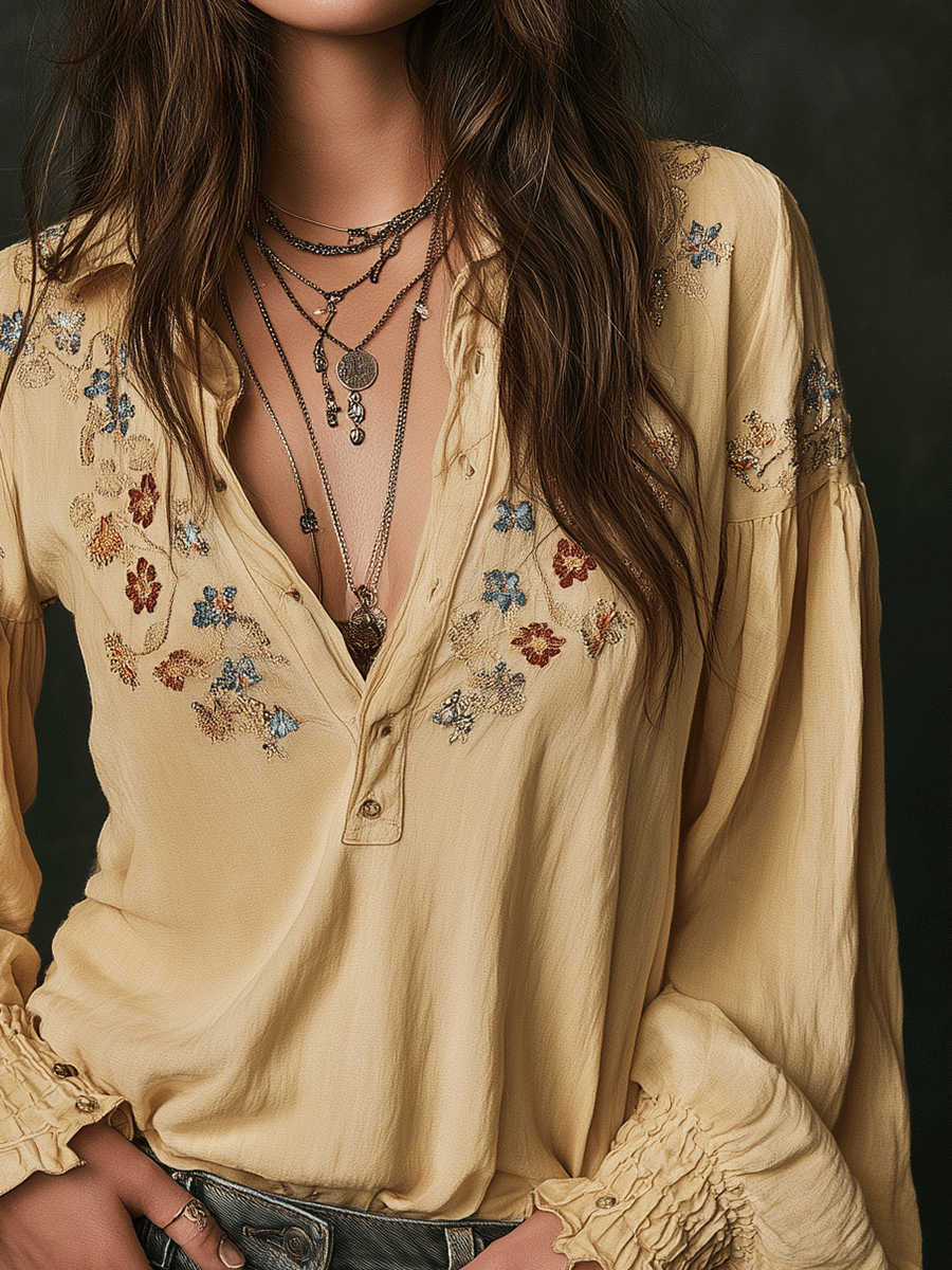 Everyday Cotton Shirt Featuring Yellow Floral Embroidery