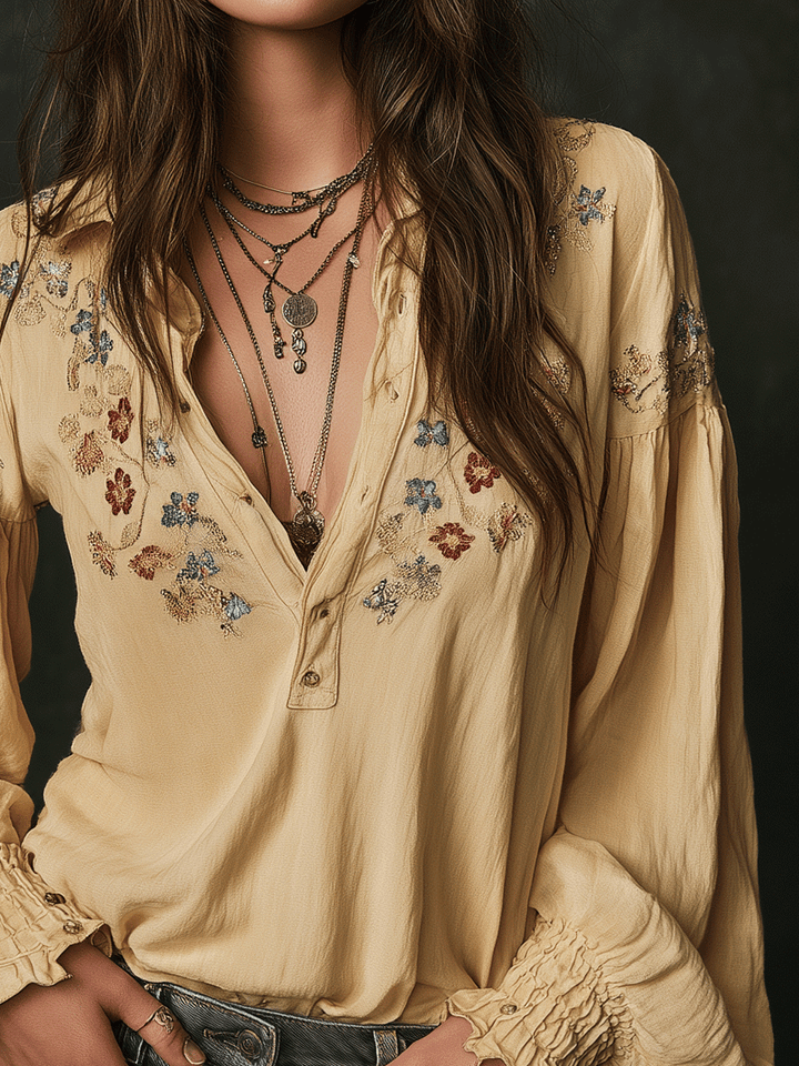 Everyday Cotton Shirt Featuring Yellow Floral Embroidery
