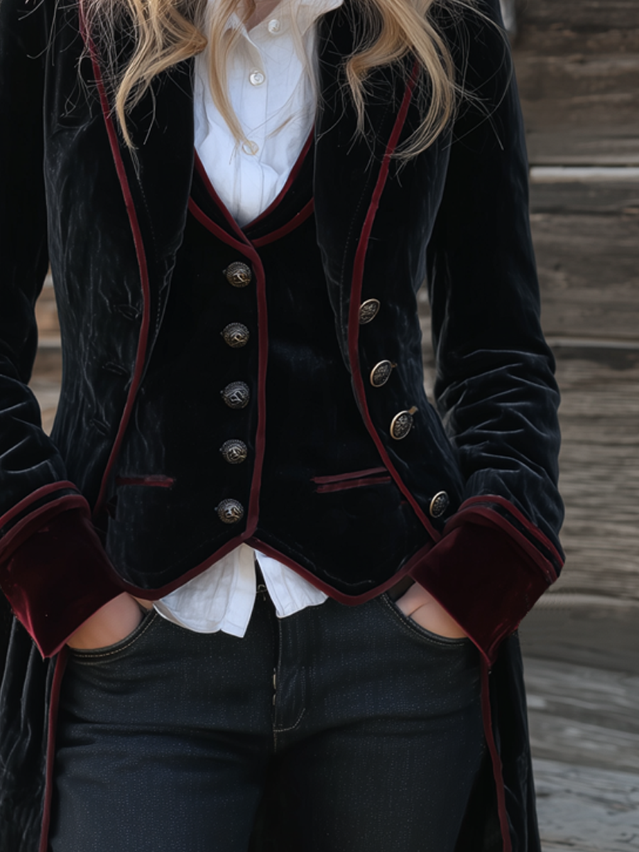 Retro Long Velvet Jacket with Contrasting Accents