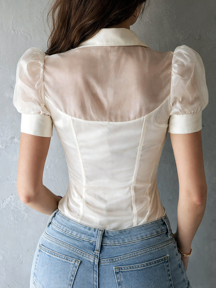 Vintage-Inspired Satin Blouse with Puff Sleeves