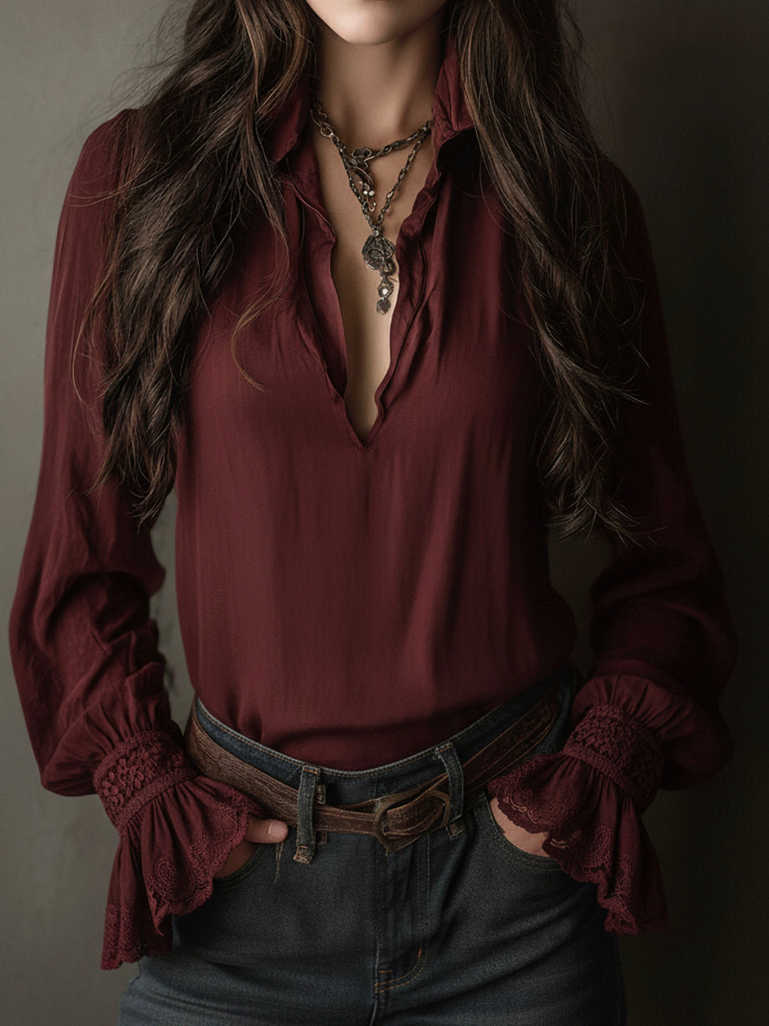 Deep Red Boho V-Neck Blouse Featuring Lace Cuffs