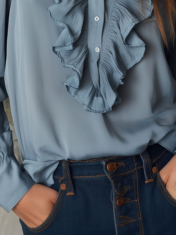 Dark Blue Striped Satin Blouse with Button Details