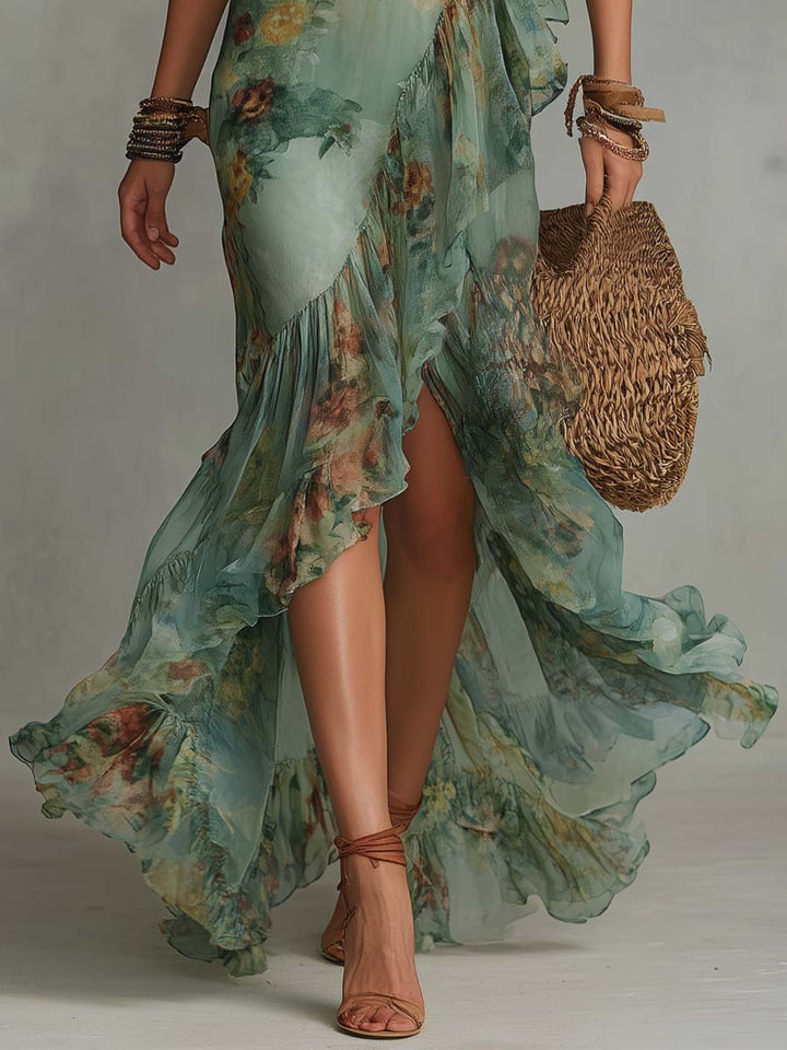 Vintage-Inspired Floral Long Wrap Dress