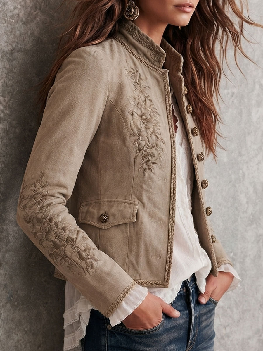Vintage Beige Jacket with Stand Collar and Floral Embroidery