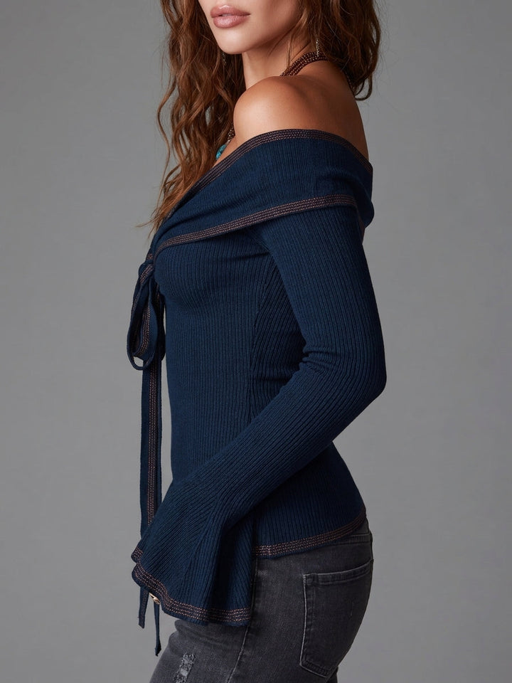 Bohemian Navy Off-Shoulder Knitted Top
