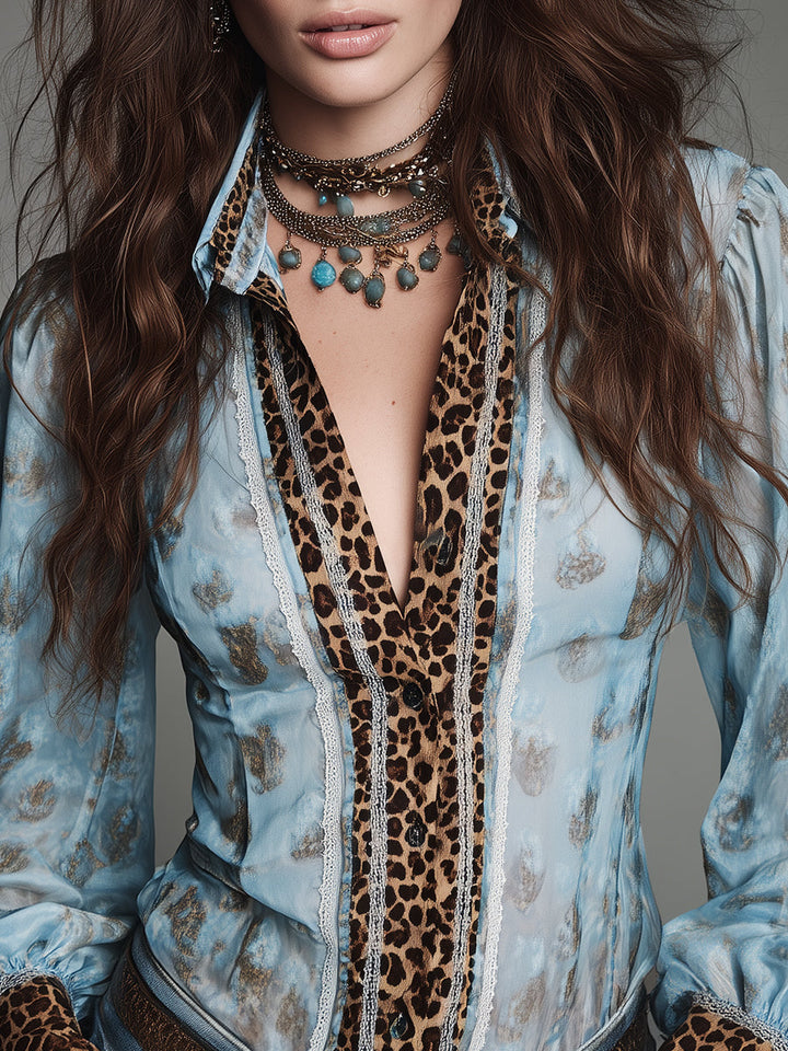 Vintage-Inspired Leopard Print Lace-Trimmed Short Sleeve Top